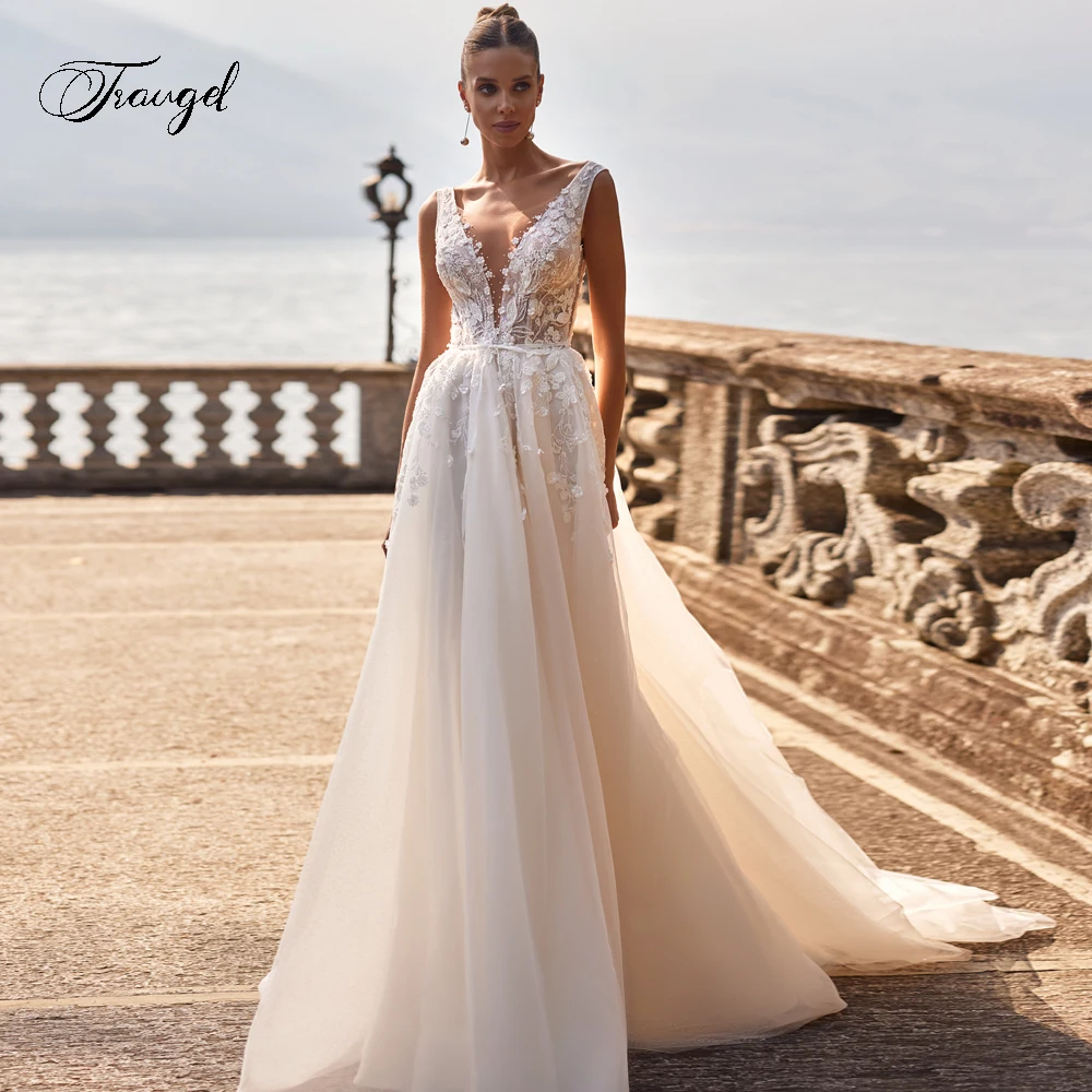 Traugel Sexy Backless V Neck Flowers Wedding Dresses Delicate Tank Appliques Beaded Court Train A Line Bridal Gown