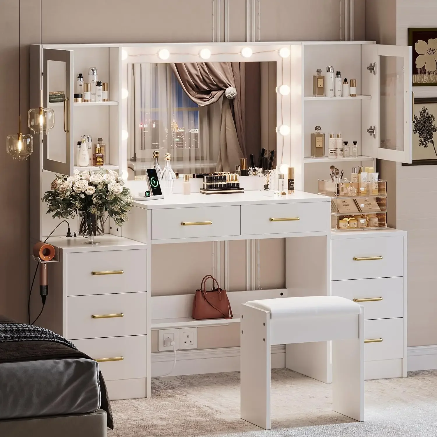 Vanity Desk with Mirror and Lights Charging Station  Lighting Modes Makeup Table with 8 Drawers and Cabinets