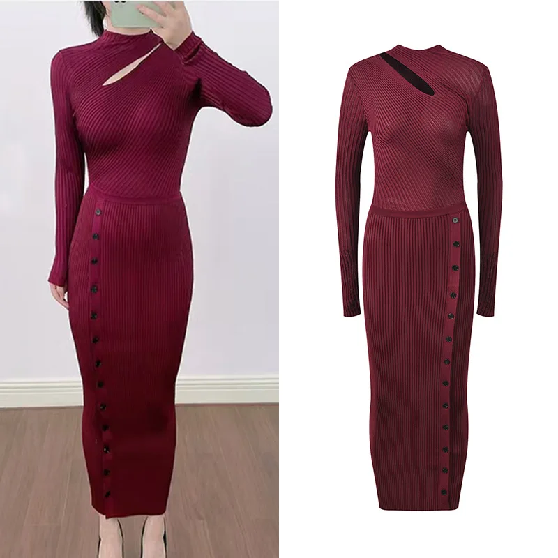 2025 ฤดูใบไม้ร่วงสไตล์ฝรั่งเศสชุดถัก-ไวน์แดงRibbed Cut-Out,คอกลมแขนยาวElegant Midi Dress,Viscose Blend