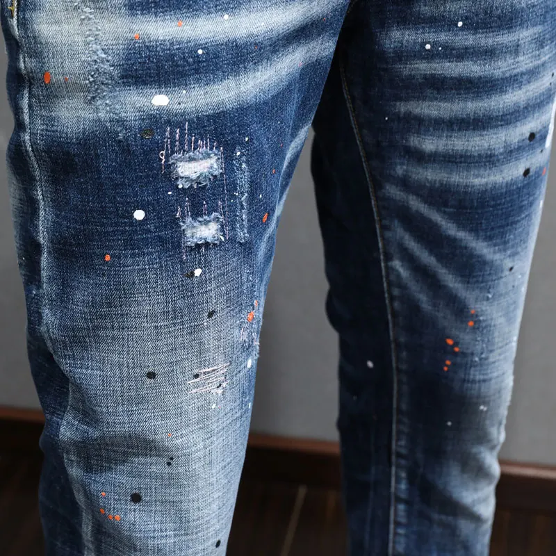 Fashion Vintage Men Jeans Retro Blue Elastic Slim Painted Ripped Jeans Men Embroidery Designer Hip Hop Denim Pencil Pants Hombre