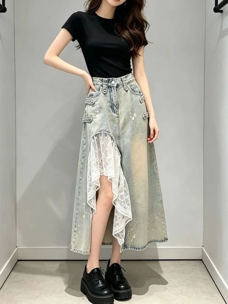 Skirt Indie Design Irregular Lace Patchwork Slit Denim Women Summer New Trendy Chic Pretty Washed Distressed Midi Skirts