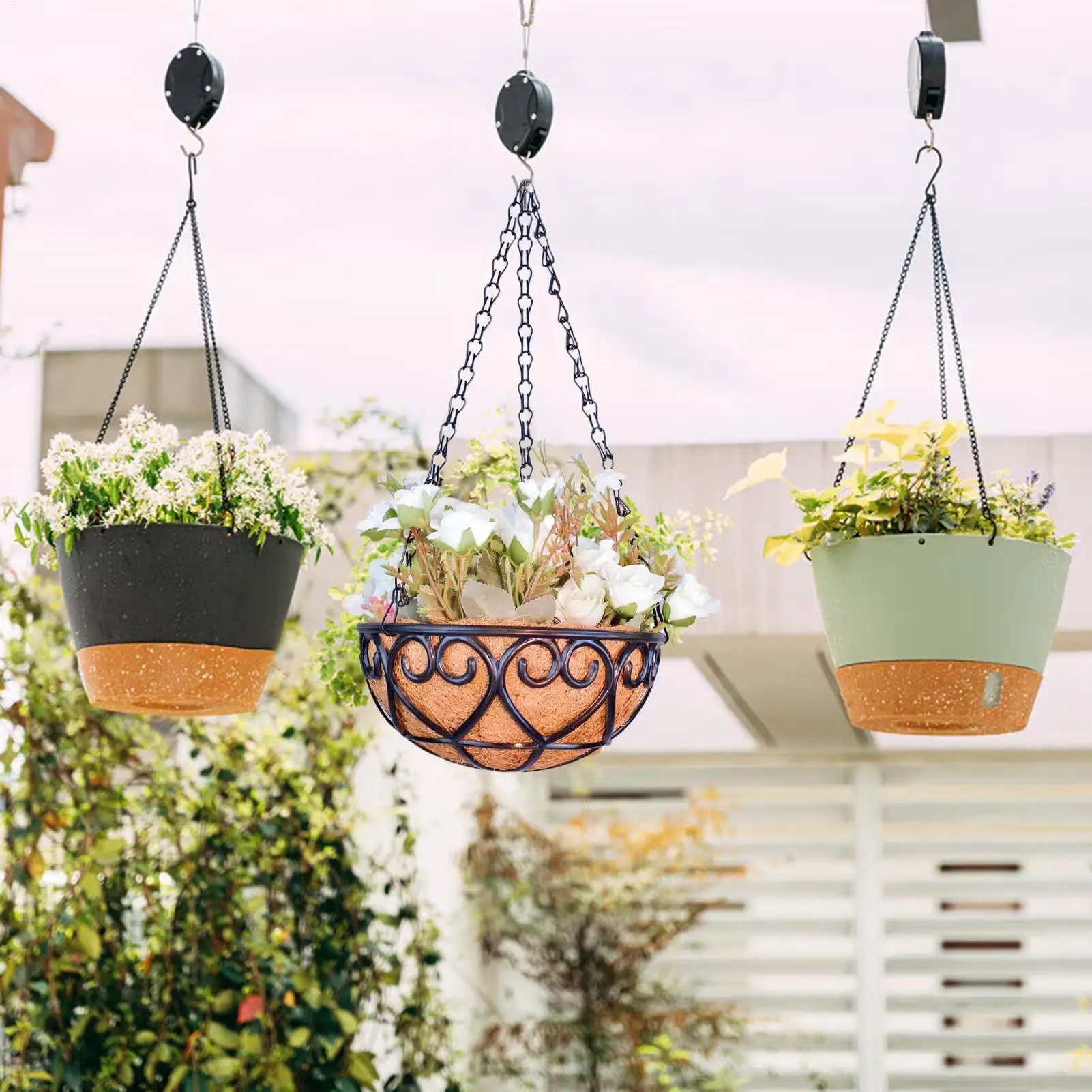 8/10/12inch Hangings Plant Basket Coco Nut Palm Liner Iron Planter Garden Decoration Round PlantHolder With Chain For Patio Lawn
