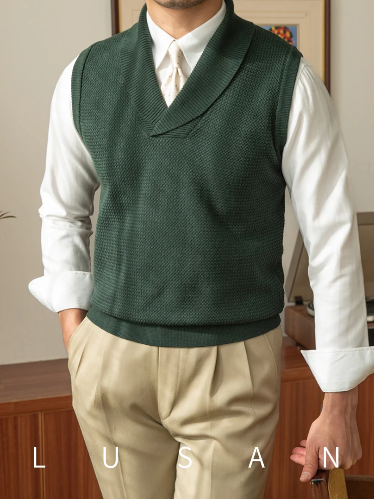 High-End Autumn and Winter Green Fruit Collar Woven Shirt Casual Retro Warm Sweater Vest Pullover Vest for Men