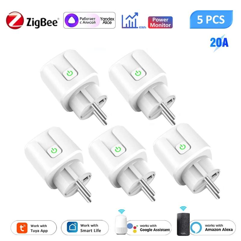 Tuya Zigbee Smart Plug 20A EU Smart Socket With Power Monitoring Timing Function Voice Control Via Alexa Google Home Yandex