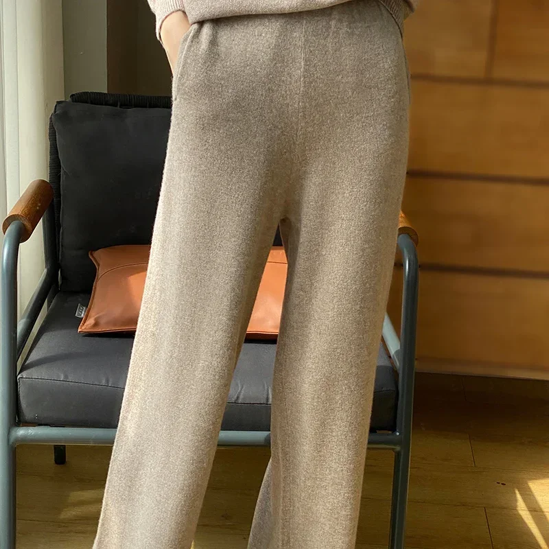 Autumn And Winter Thick Warm Fringe Pure Wool Pants Women's High Waist Thin Wide Leg Pants Casual Vertical Wool Straight Pants