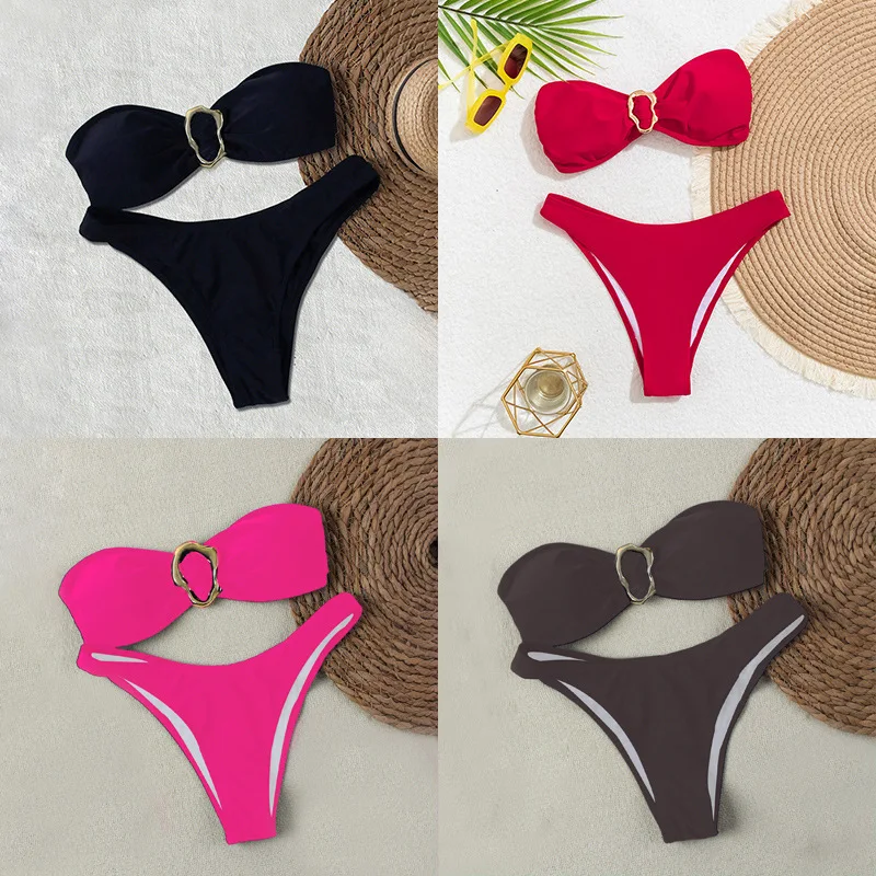 

2026 New European and American Bikini Solid Color Strapless Sexy Two-Piece Bikini Swimwear for Women