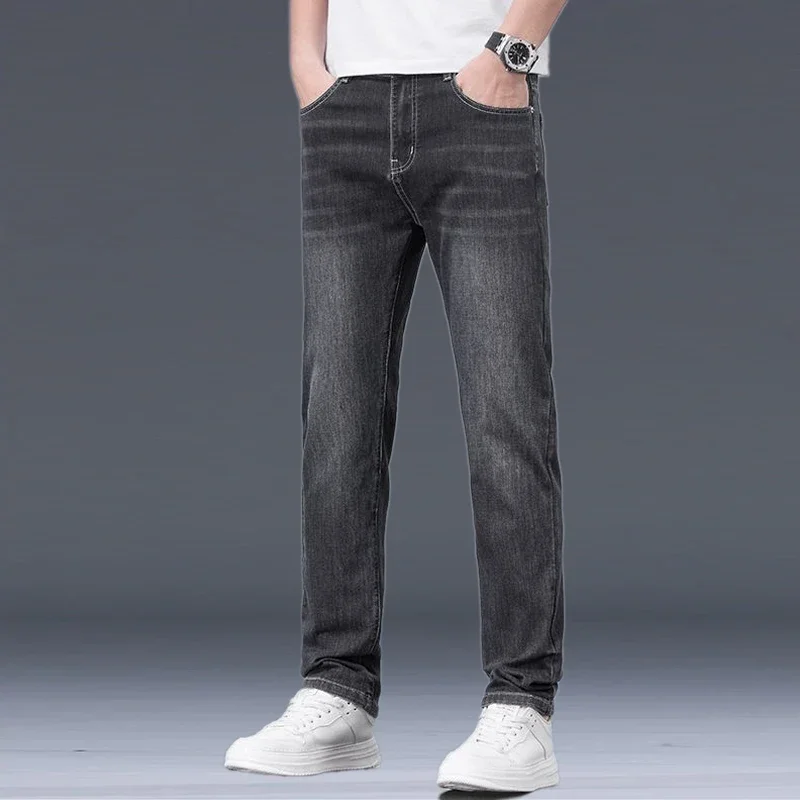

Spring Summer Men Business Fashion Versatile Straight Jeans Male Stretch Loose Trend Embroidered Denim Pants Haze Blue Trousers