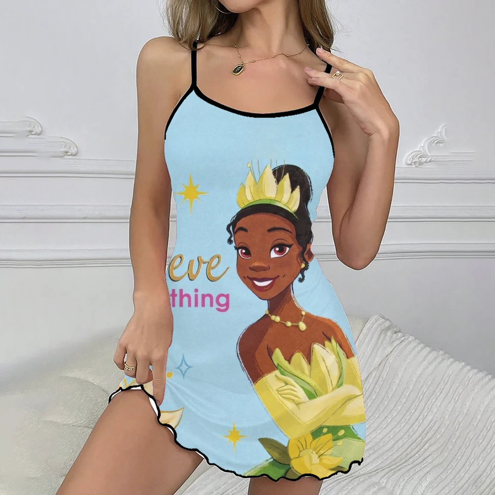 Disney Princess Tiana Printed Sling Round Neck Light Luxury Fashion Casual Sling Home Dress New Summer Women's Dress