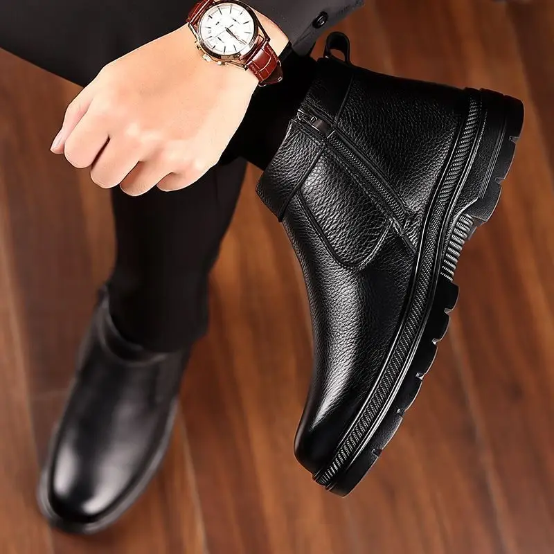 Men's Winter Thermal Boots Microfiber Leather Outdoor Work Shoes Warm Cotton Lined Shock Absorbing Anti Slip Casual Footwear​