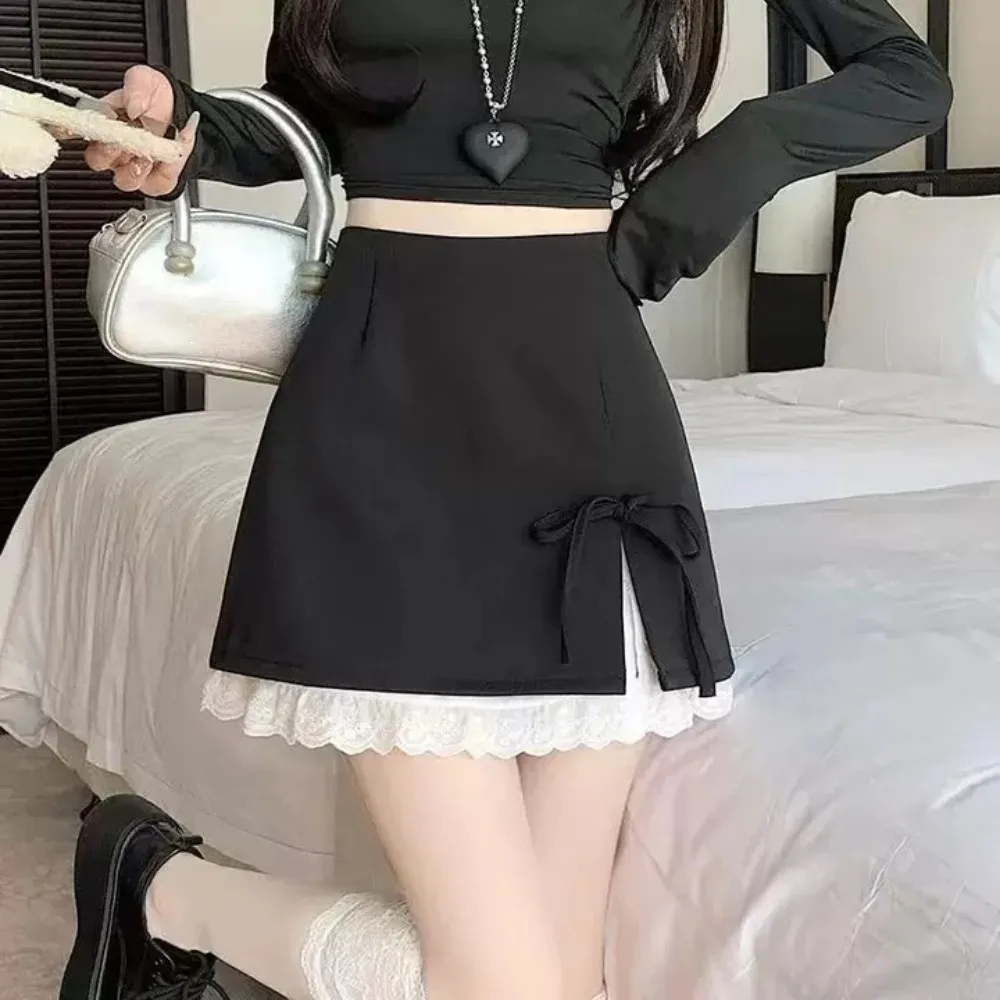 Women High Waist Split Mini Skirt, Solid Gray Bow Decor Lace Hem A Line Short Skirt Daily Casual Wear  Pleated Skirt Kawaii