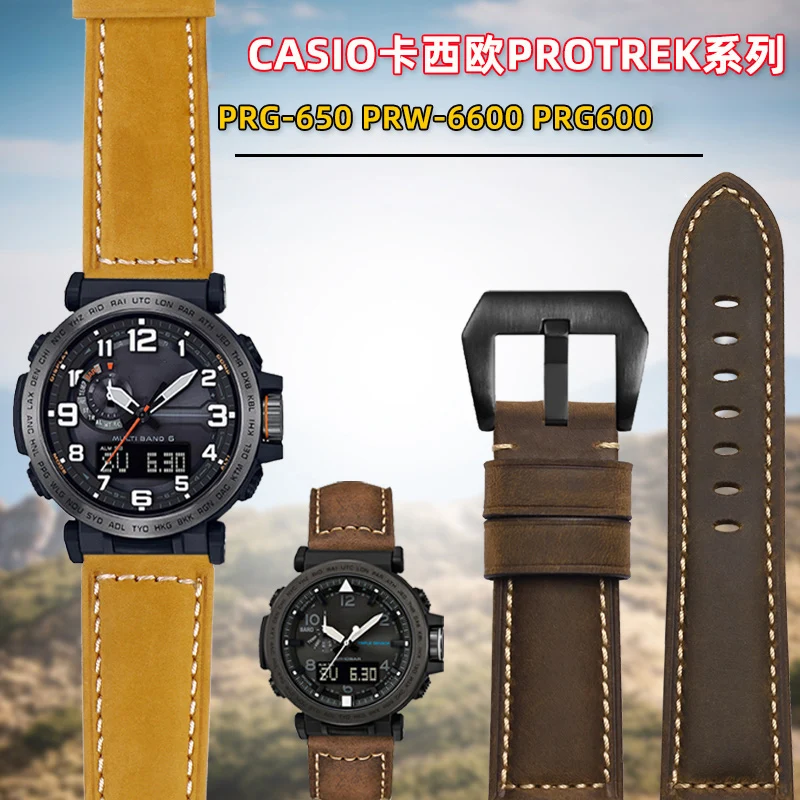 Matte cowhide Watch Strap for Casio 5497 PRG-650 PRW-6600Y/YB Prg600 Protrek Series Mountaineering Genuine leather WatchBand 24m