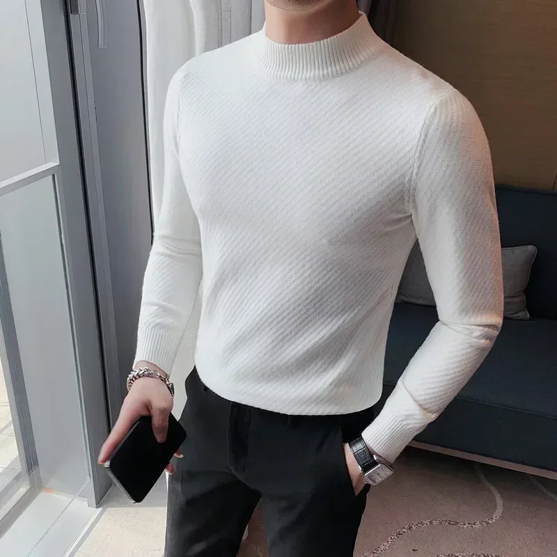 Pulls à col roulé à manches longues monochromes pour hommes, coupe couvertes, pulls décontractés, zones côtelées, moi S-3XL, automne, hiver, 2023