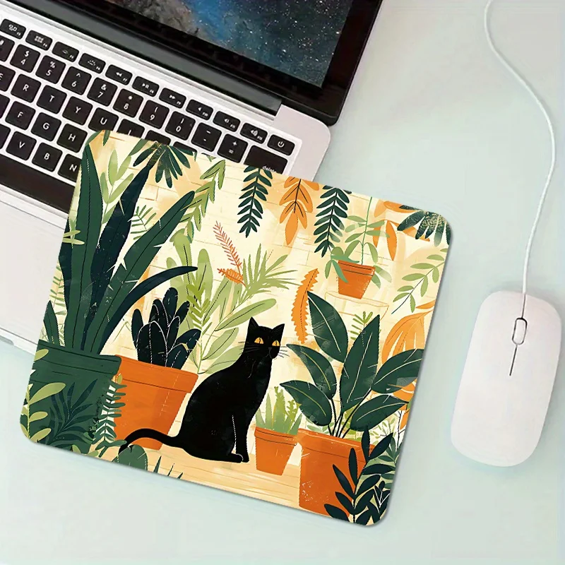 

The Black Cat and Tropical Plant designed mousepad with an anti-slip rubber base is an ideal choice for both office and home use