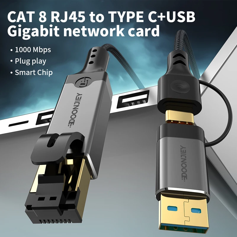 USB C to Ethernet Cable 1000Mbps 2 in 1 USB/Type-C to RJ45 Gigabit LAN High Speed Network Converter for  Laptop PC Mobile Phone