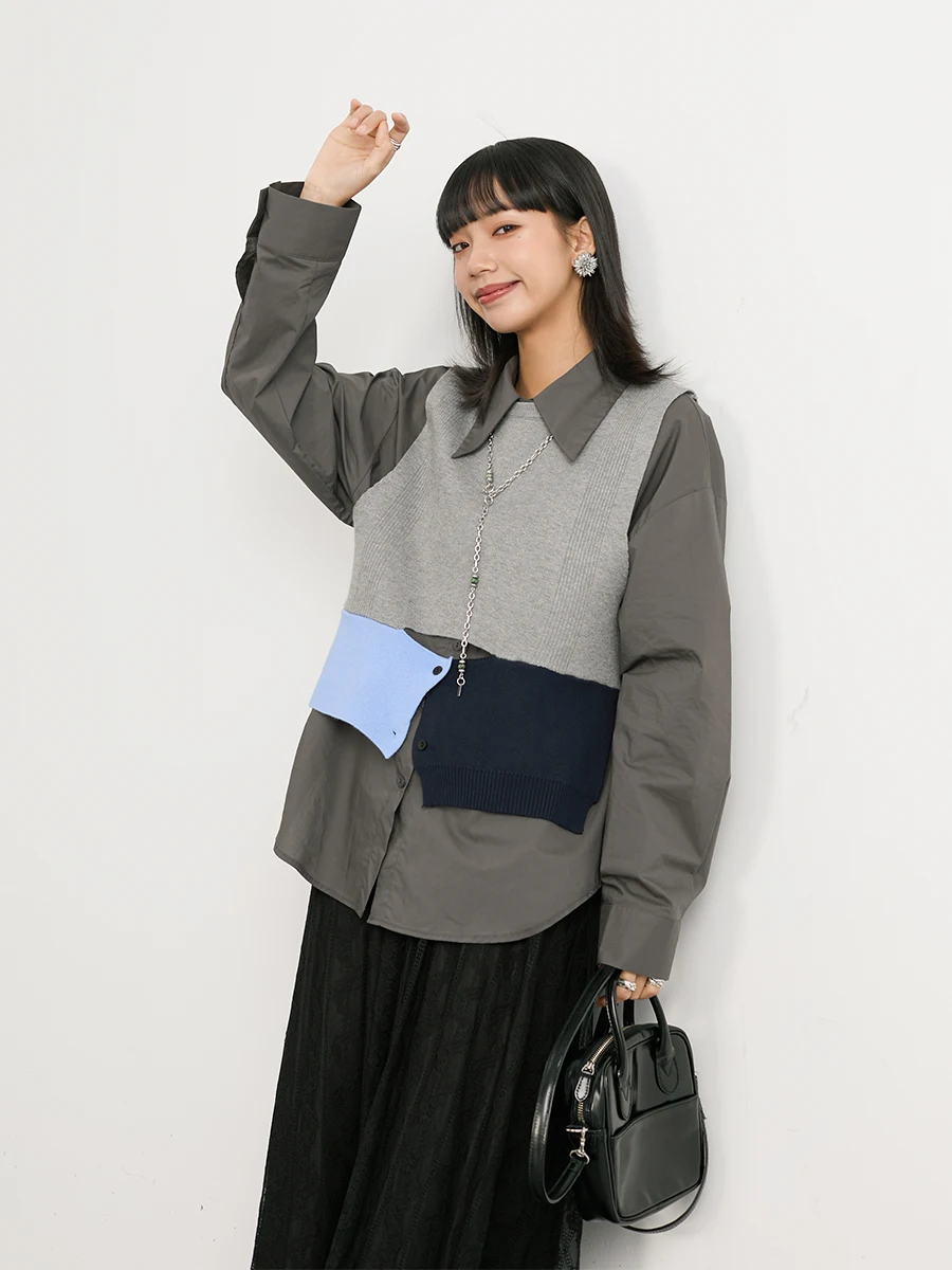 

Inkday Japanese Sle Loose Basic irt And Vest Two-Piece Set for Women Color Blo Collar Long Sve Cotton Polyester Blend