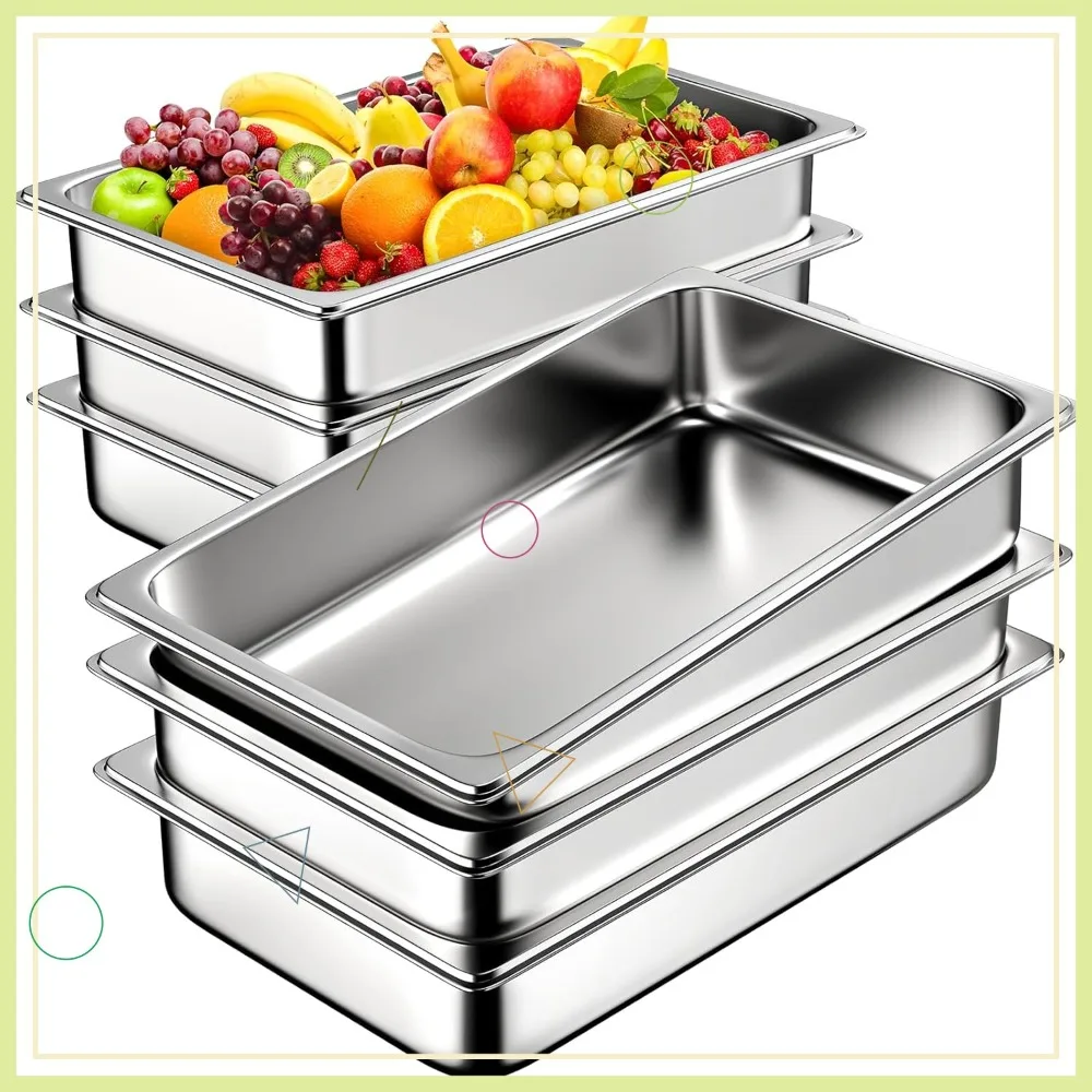 

6 Pack 1/1 Full Size 4" Deep Stainless Steel Steam Table Pans, Anti Jam Food Pans for Hotel, Party, Buffet, Catering
