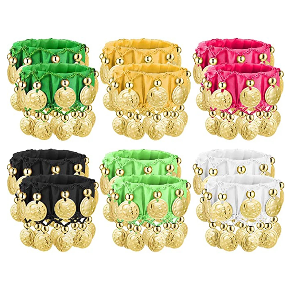 1 Pair Belly Dance Wrist Ankle Cuffs Bracelets Chiffon Gold Coin Pendant Wrist Strap Belly Dance Performance Costume Accessories