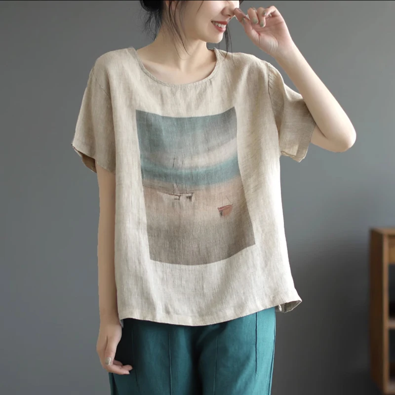 Summer Fashionable Ink Painting Round Neck T-Shirts For Women Vintage Loose Casual Short Sleeve Daily Linen Female Pullovers