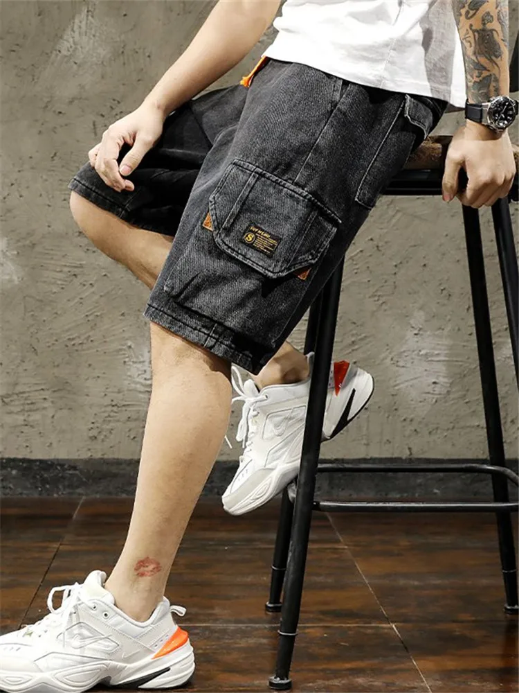 2024 Summer Men's Straight Denim Shorts Casual Loose Drawstring Pocket Casual Straight Blue Shorts Jeans Male Fashion Pants