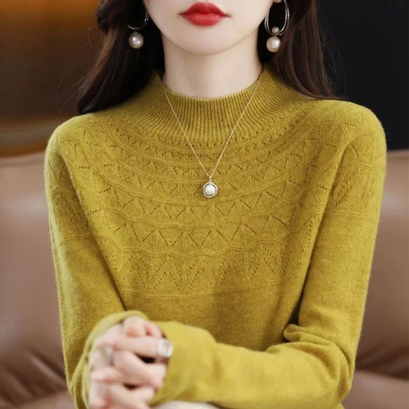 Women\'s New Cashmere Sweater Autumn Winter 100% Pure Wool Bottoming Shirts Knitted Pullover Hollowed-out Knitwear Soft Jumpers