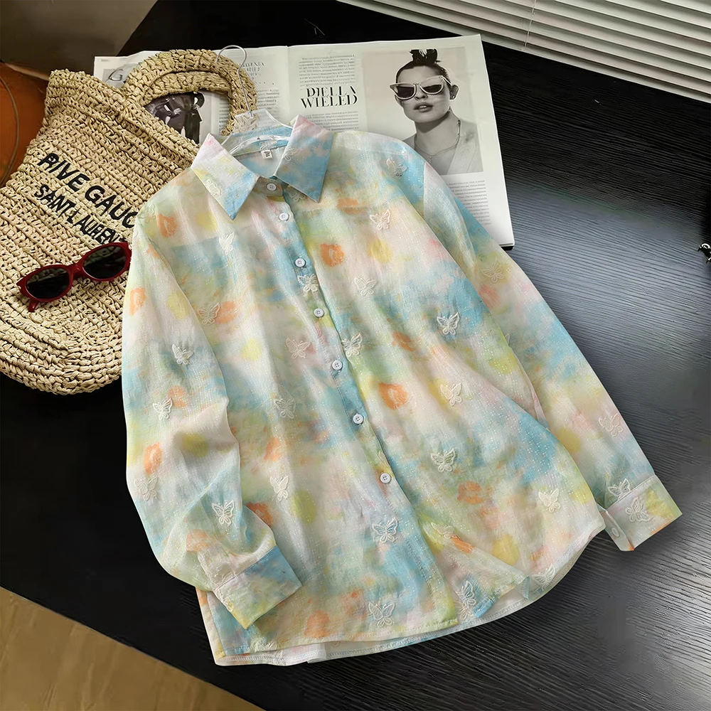 

Sweet Print Embroidery Long Sleeve Shirt Women's Loose Fit Translucent Sunshade Top Versatile Japanese Style