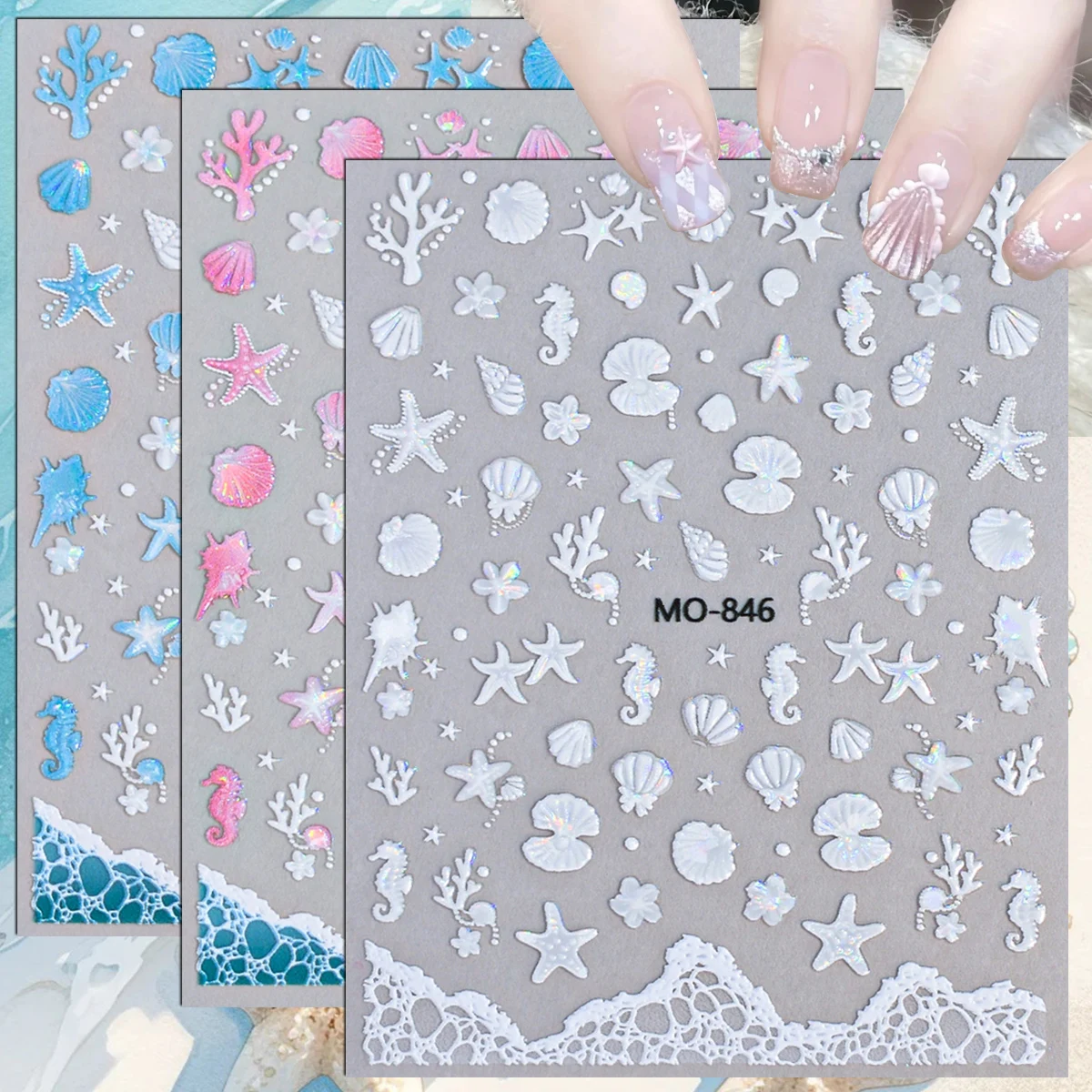 3/6/12 Sheets 5D Embossed Ocean Starfish Seashell Seahorse Coral Summer Beach Vacation Self Adhesive Nail Art Stickers