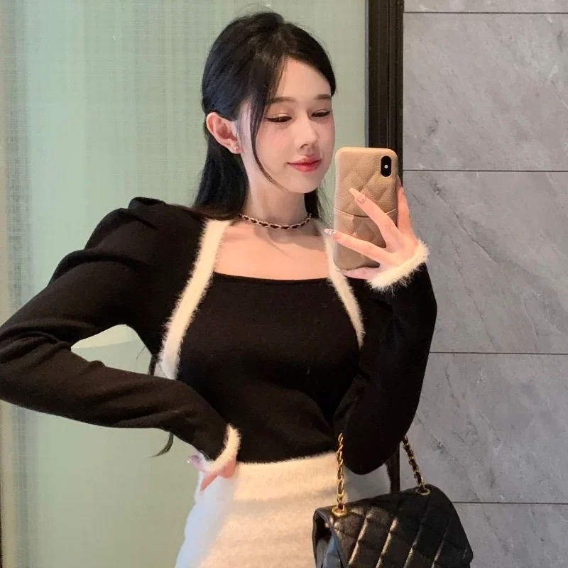 Jumper Sueter Mujer Vintage Cropped Black Sweaters Women Puff Sleeve Slim Pullover Short Square Sweater Top Knitwear Spring