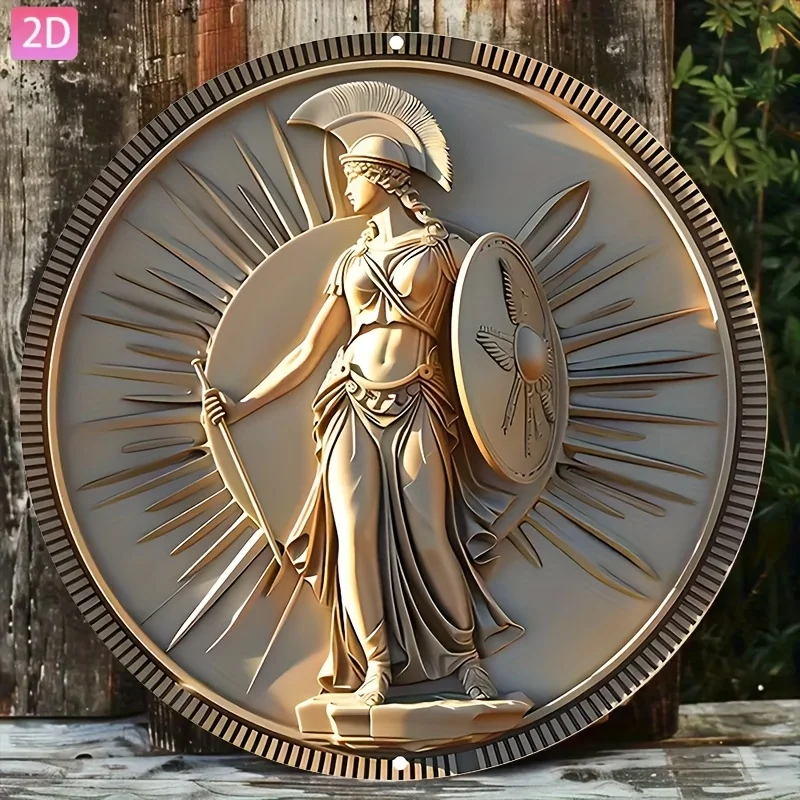 2D Flat Plaque Featuring an Aluminum Statue of Athena - 2D Printed Wall Art of The Greek Goddess, Adorned with Intricate Designs