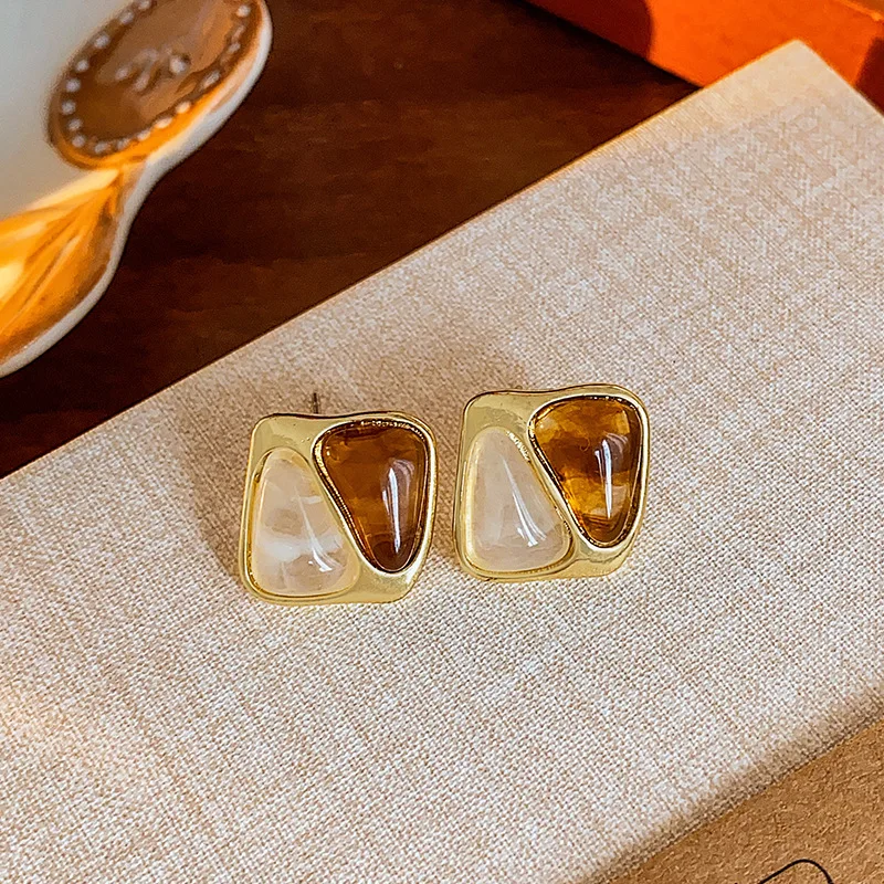 Vintage Brown Resin Square Stud Earrings, Women's Gift