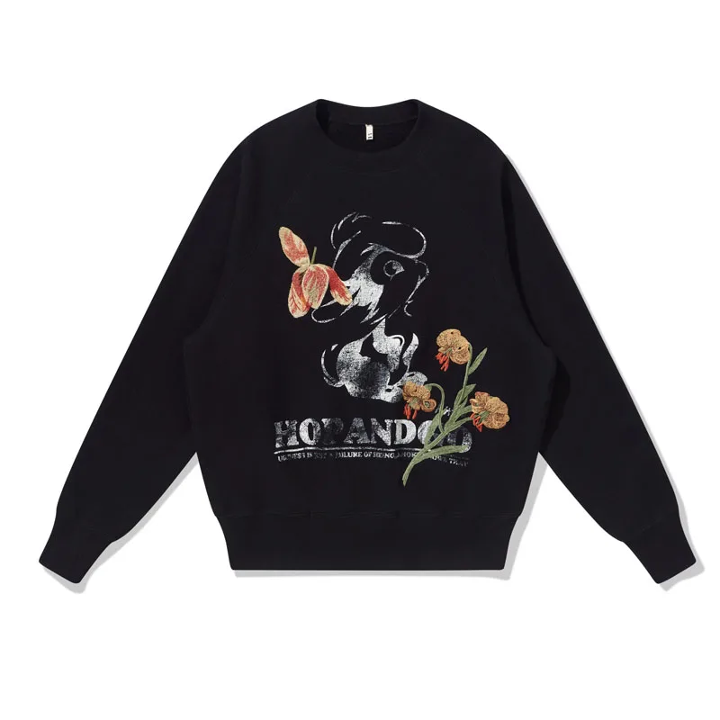 

24AW KHOKI Vintage Japanese Style Pullover Embroidered Floral Print Loose Round Neck Long Sleeved Sweatshirt