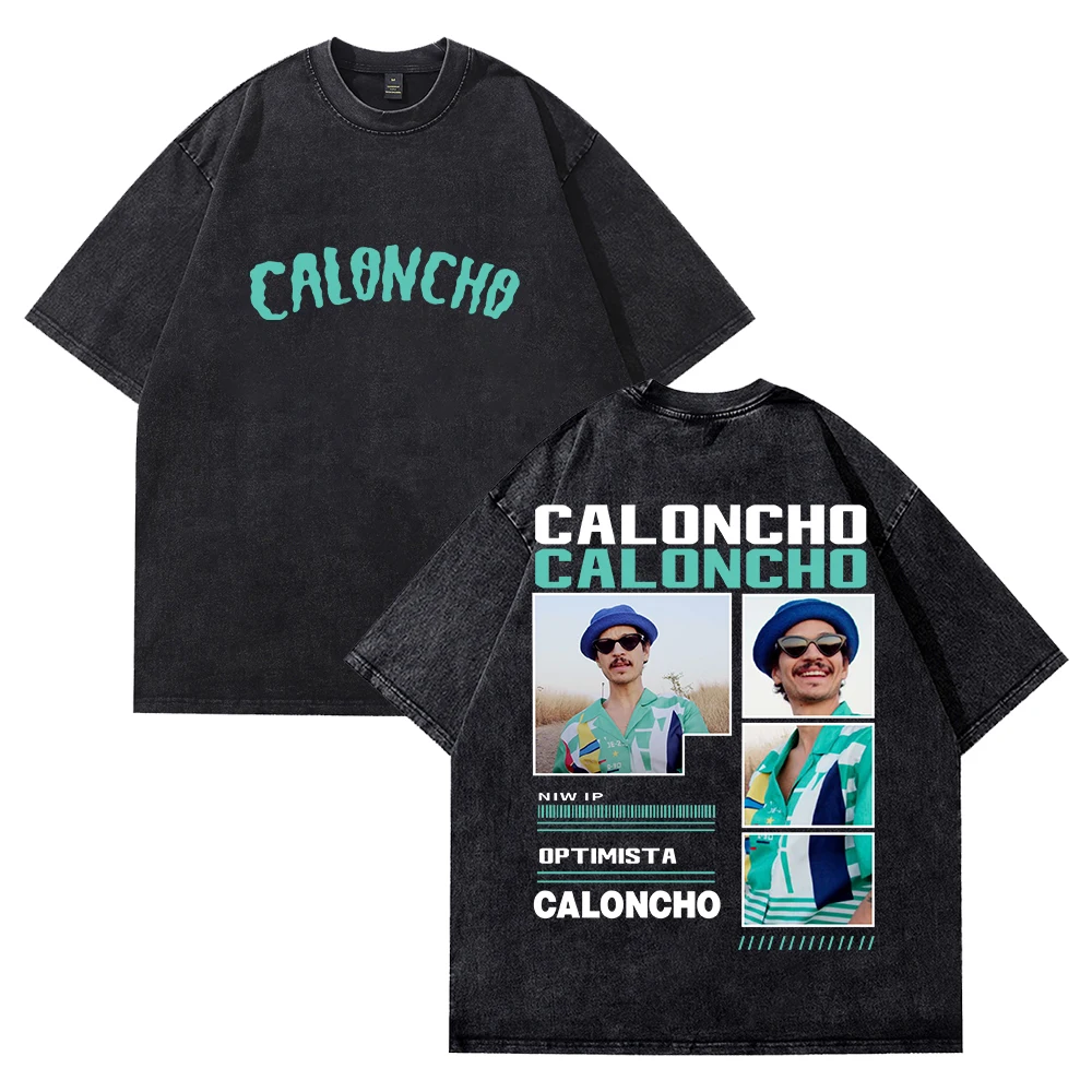 تي شيرت Caloncho Vintage مغسول بياقة دائرية وأكمام قصيرة من القطن تي شيرت للنساء والرجال ملابس خروج خارجية