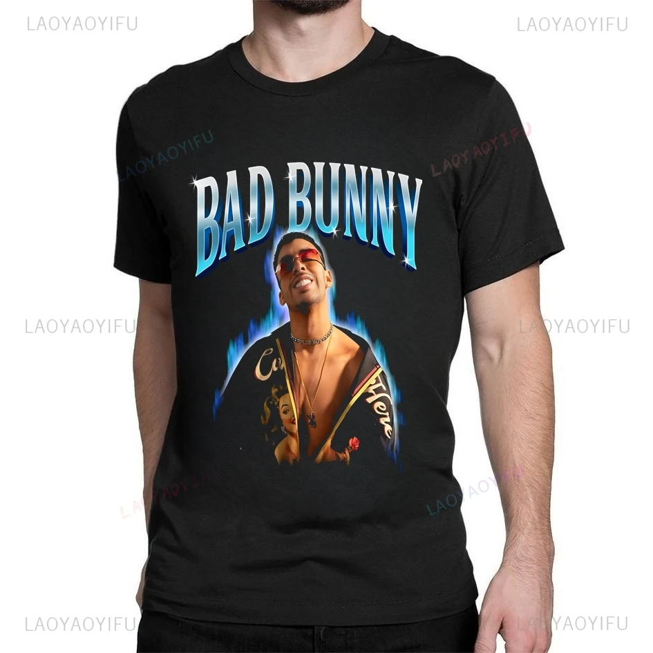 Vintage Singer Bad Bunny Print T-shirt Top Summer Trend Harajuku Short Sleeve Unisex Shirt Pattern Large T-shirt