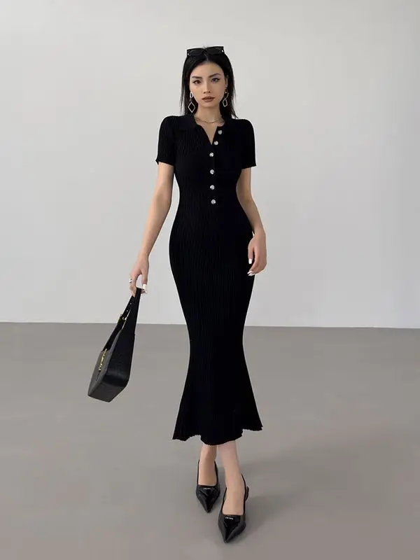 Summer American Style Fish Tail Women Slim Lapel Collar Single-breasted Solid Color Short Sleeved Wrap Buttocks Knitting Dress