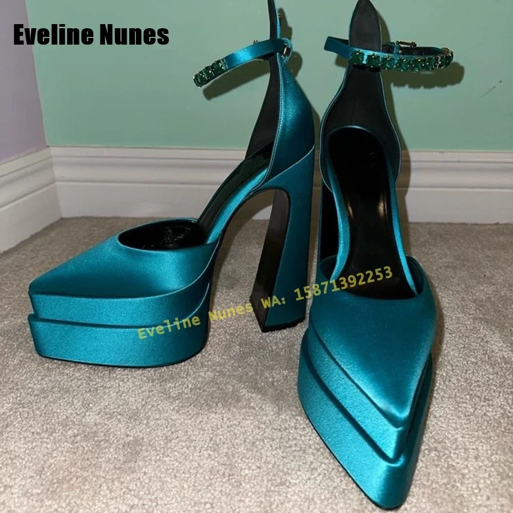 

Blue Satin Gems Decor Platform Sandals Women Runway Show Shoes 2025 Summer Party Pointed Toe Block Heels Side Air Buckle Strap