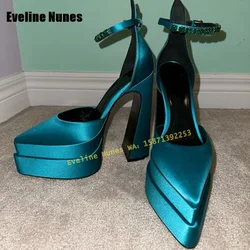 Blue Satin Gems Decor Platform Sandals Women Runway Show Shoes 2025 Summer Party Pointed Toe Block Heels Side Air Buckle Strap