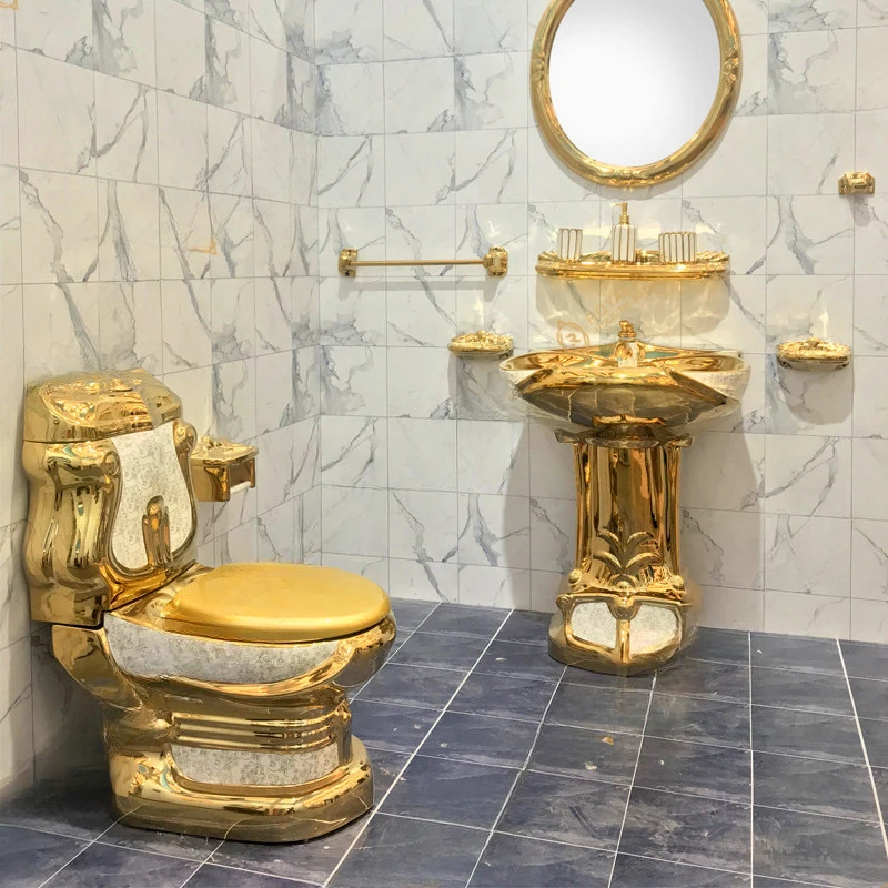 Electroplated golden ceramic column basin, toilet, high-end villa, personalized overall bathroom seat, toilet column basin