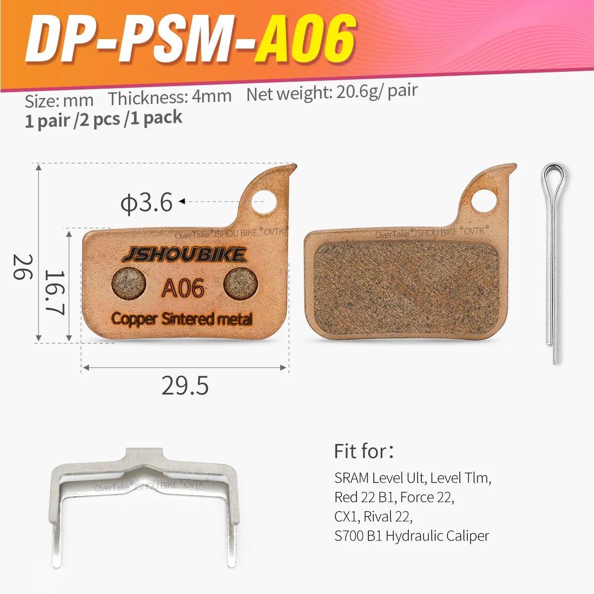 JSHOUBIKE Hydraulic Disc Brake Pads AII-metal Semi-metal Copper Metal Sintering For SRAM Level TLM / Ultimate,FORCE ,HRD,Rival