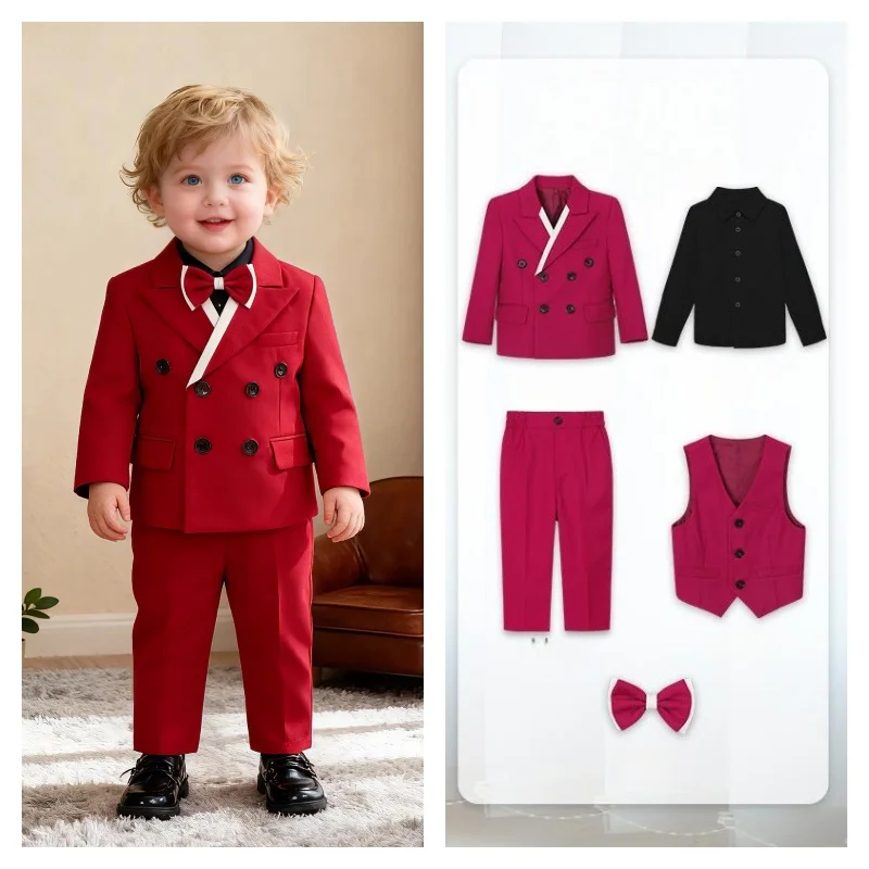 80-150 Russia Boys Jacket Vest Pants Bowtie Red Suit Kids Birthday Wedding Dress Children Piano Host Speech Performance Costume