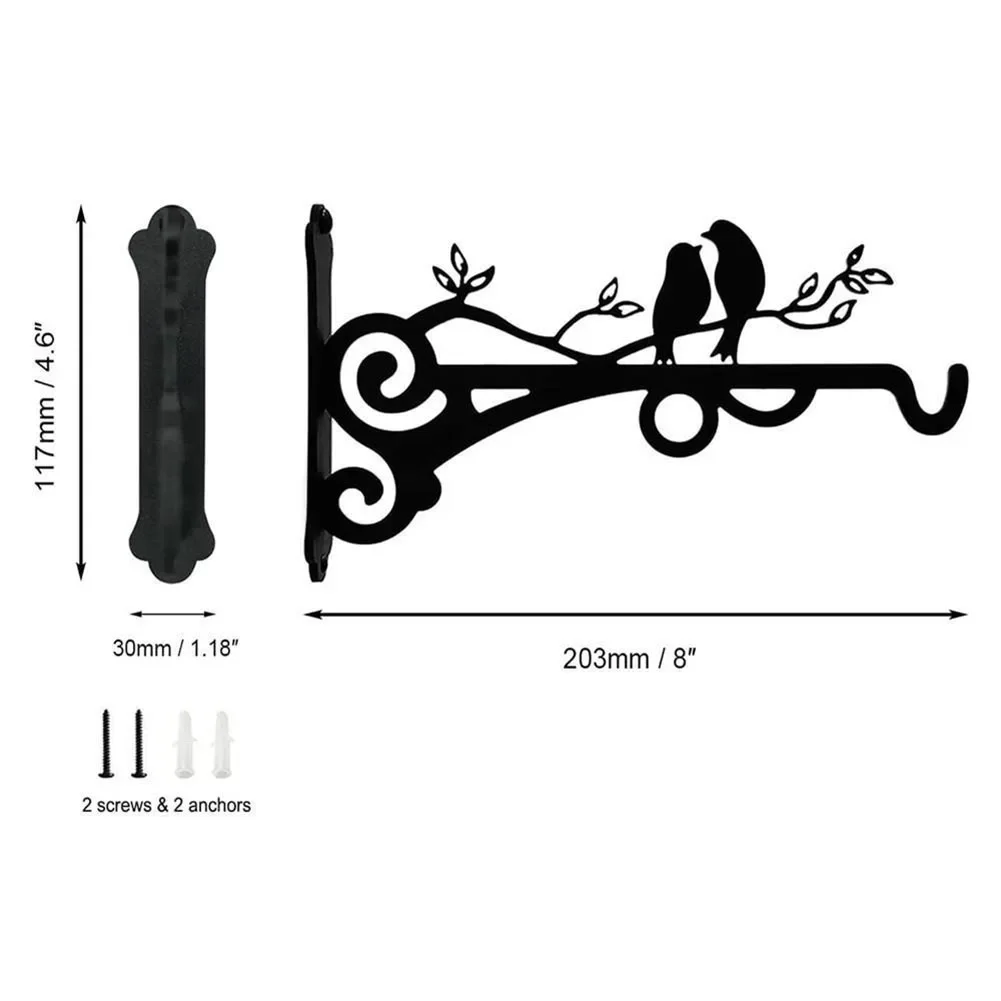 Bird Pattern Flower Basket Holder Wall Mounted Metal Bracket Hanger Rustic Style Wide Base for Outdoor Indoor Garden Yard Street