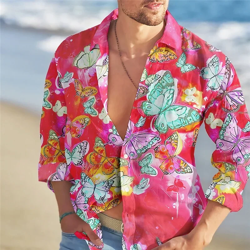 

2023 Men's Long Sleeve Shirt Fashion Trend Butterfly Colorful Flower Pattern HD Graphics Casual Outdoor Street Men's Clothing