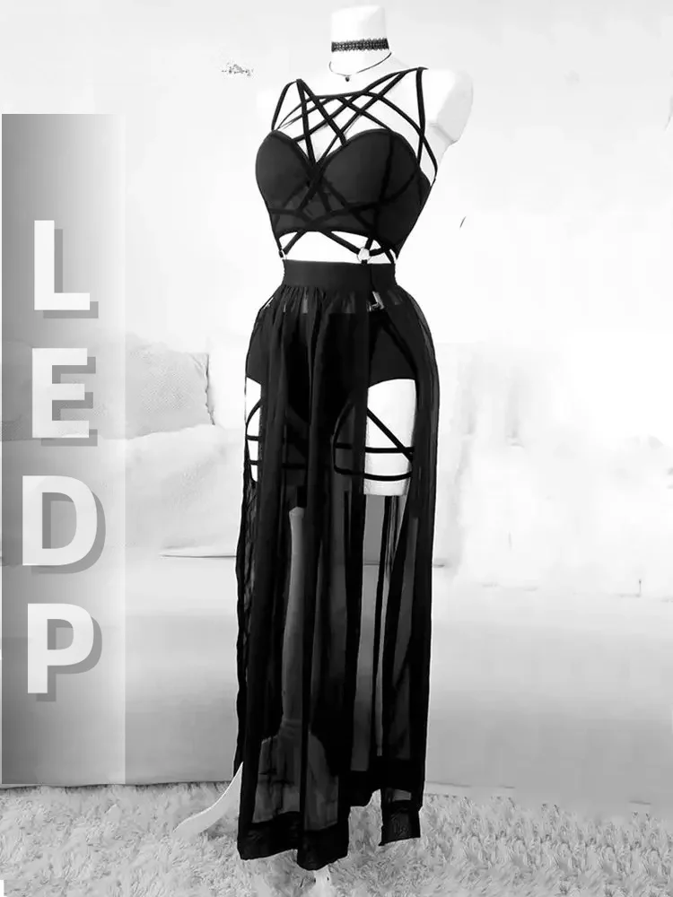 IMU Gothic Nightclub Sexy Skirt Set Women See Through Mesh Backless Crop Tops Emo Alt Punk High Waist Underpants Skirt 3pcs