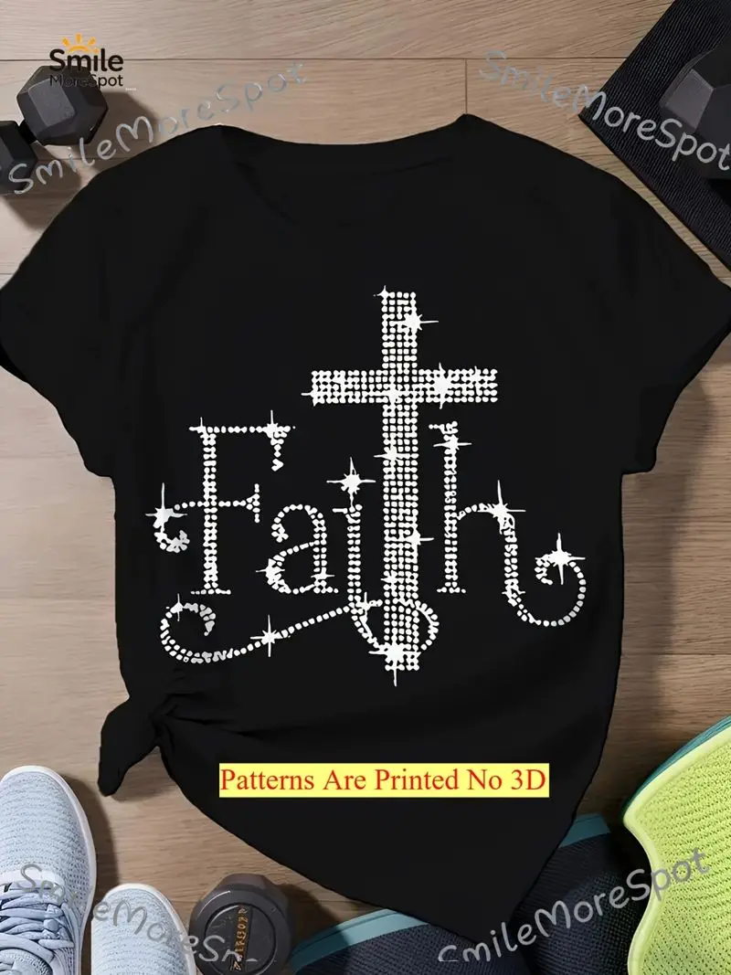 Women's Faith-Themed Short Sleeve T-Shirt Cross Print Decoration Geometric Pattern Casual Round Neck Machine Washable All-Season
