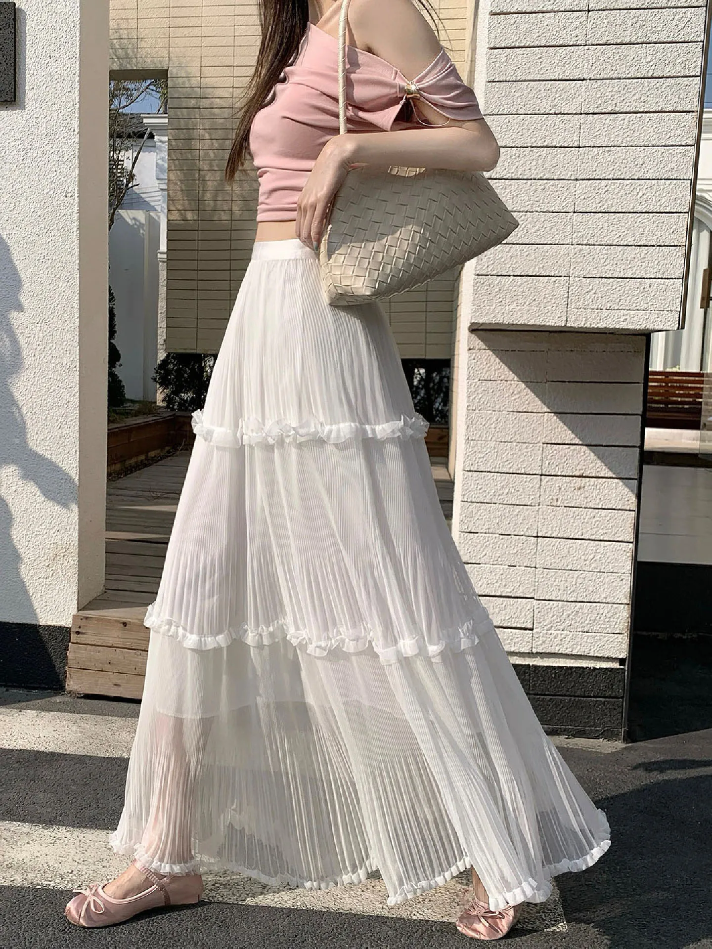 

White Lace Earlet Ruffle f Skirt Women's Spring Summer Sweet Gentle High Waist A-Line Cake Sle Maxi Skirt Polyester Fiber