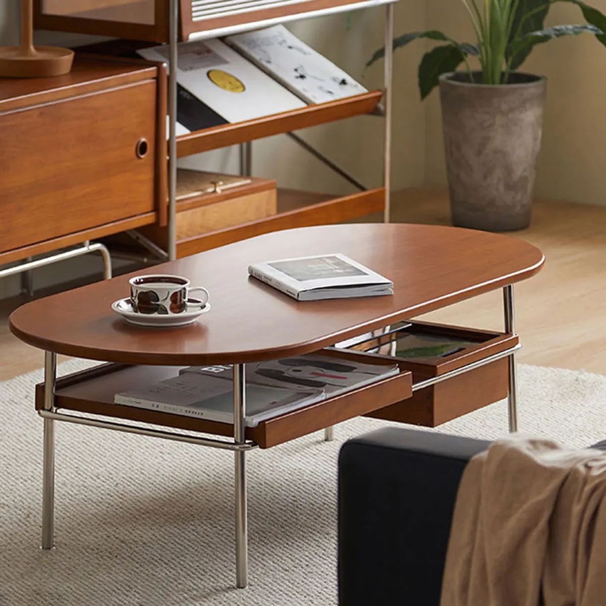 

Nordic Design Sedentary Tea Table Retro Solid Wood Small Living Room Center Home Simple Stainless Steel Oval Lounge Furniture
