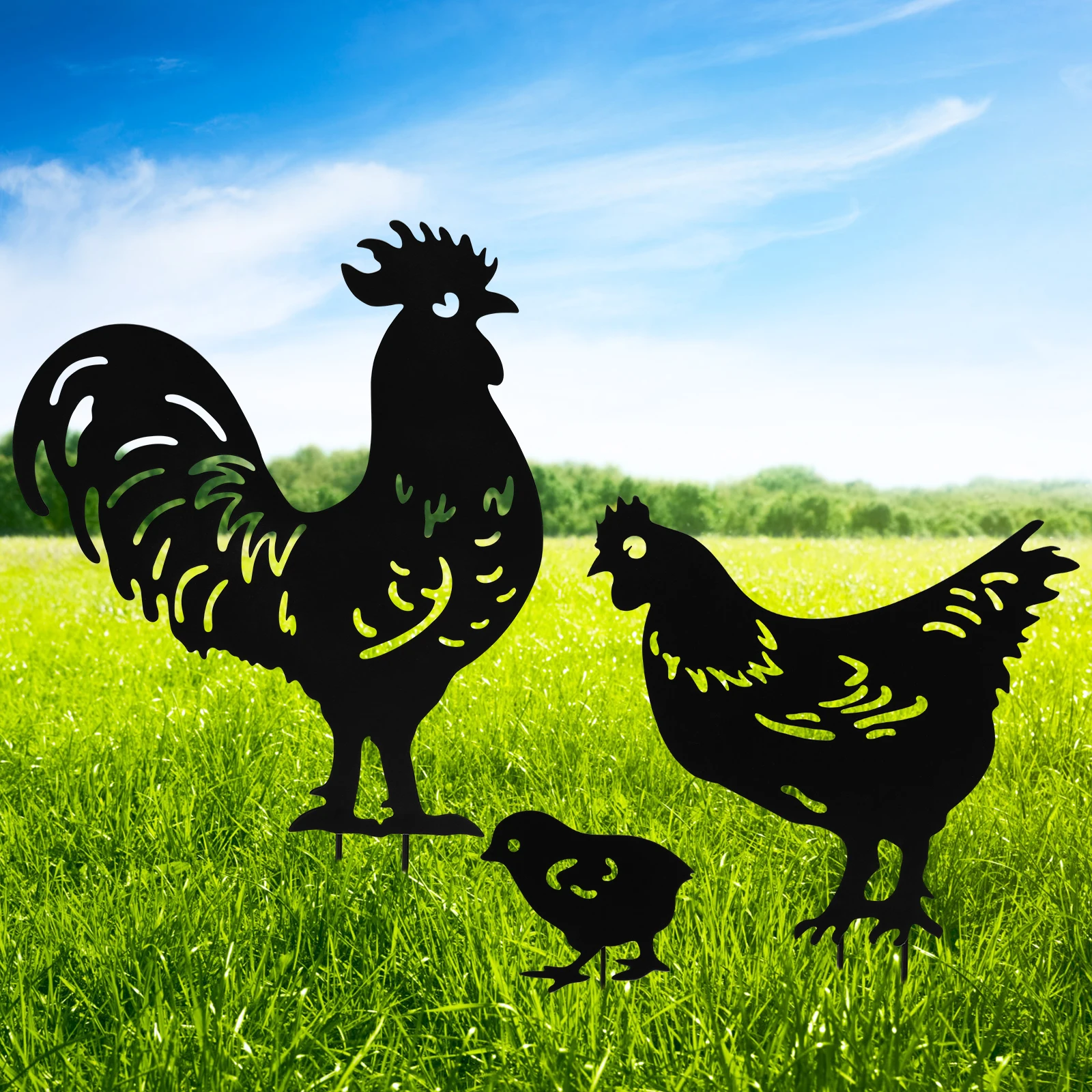 

3Pcs Yard Art Garden Metal Sculpture Chicken Decoration Creative Rooster Outline Lawn After Outdoor Black Hen Garden Decorated
