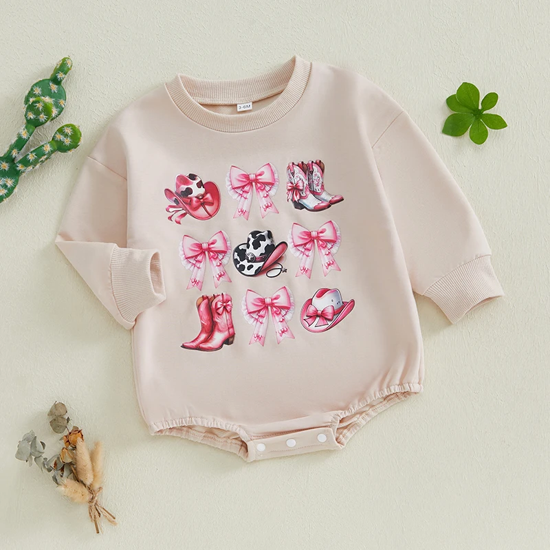 Baby Girl Fall Sweatshirt Romper Hat Bow Print Long Sleeve Crew Neck Bubble Jumpsuit Western Clothes