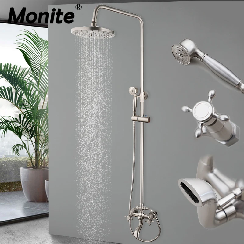 

Monite Bathroom Shower Set Wall Mounted Nickel Brushed Rainfall Round Shower Head Dual Handles Hot And Cold Water Mixer Taps