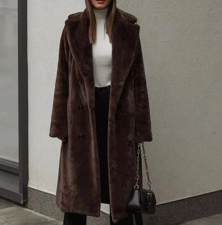 

Women Winter Plus Long Faux Fur Coat Suit Collar Elegant Soft Faux Rabbit Fur Overcoat Series Belt Thickened Plush Outerwear