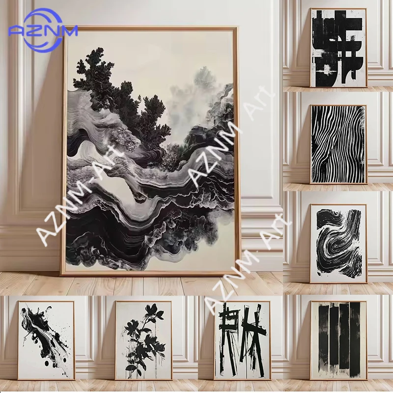 Abstrakte schwarze und weiße fließende Linien, Tinte, Landschaft, Poster, Druck, minimalistische Wandkunst, Bilder, Leinwandgemälde, Raumdekoration