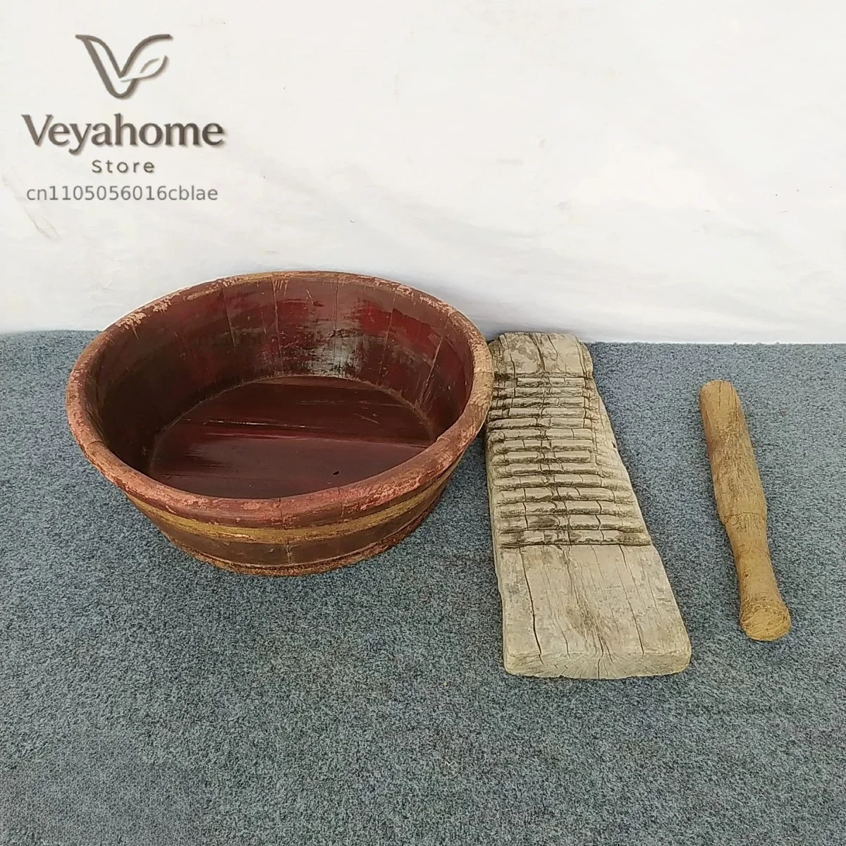 Folk old objects nostalgic rural ancient old-fashioned laundry basin tools washboard wooden basin mallet props ornament